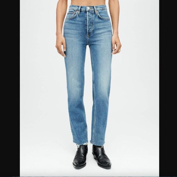 RE/DONE High Rise 70s Stove Pipe Button Fly Raw Hem Denim Jeans Size 26 - Picture 16 of 16